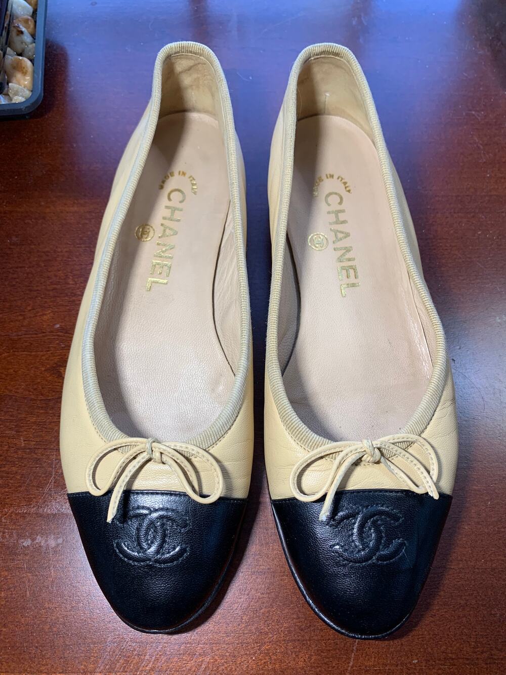 Authentic Chanel Lambskin Leather Ballet Flats EU 36 Two Tone Beige Black CC Tan